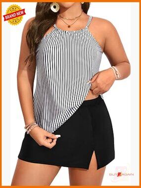 Plus Size Tankini Set with Skirt Tummy Control High Neck Swimwear Two Piece